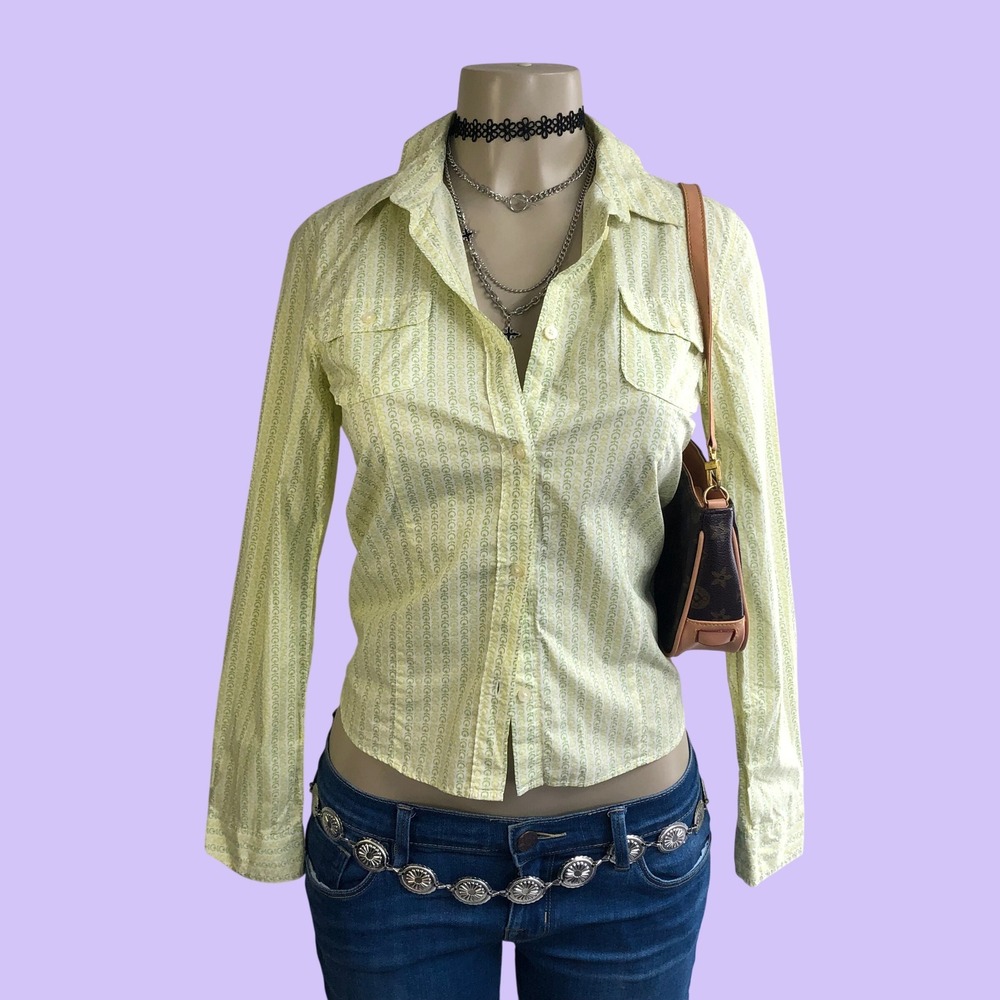 Vintage 2005 Y2K Gap Lime Green Geo Floral Button Down Shirt Womens Small